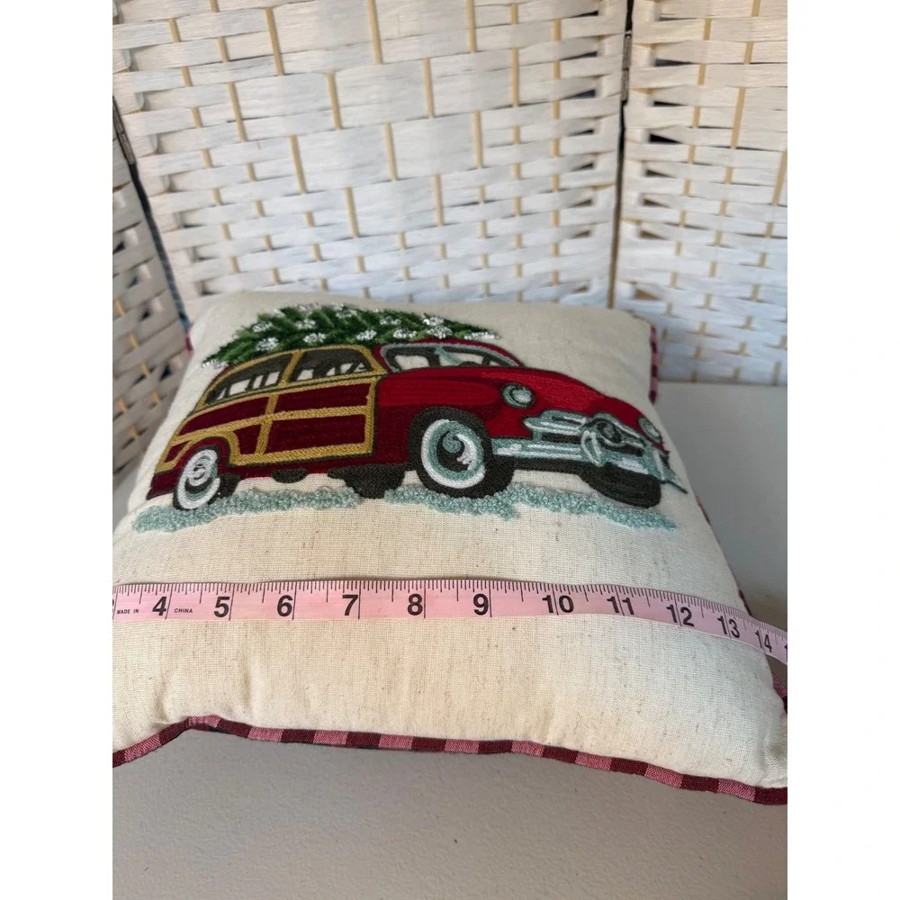 Embroidered Christmas Tree‎ Wagon Car Throw Pillow Red Plaid Back Holiday Decor